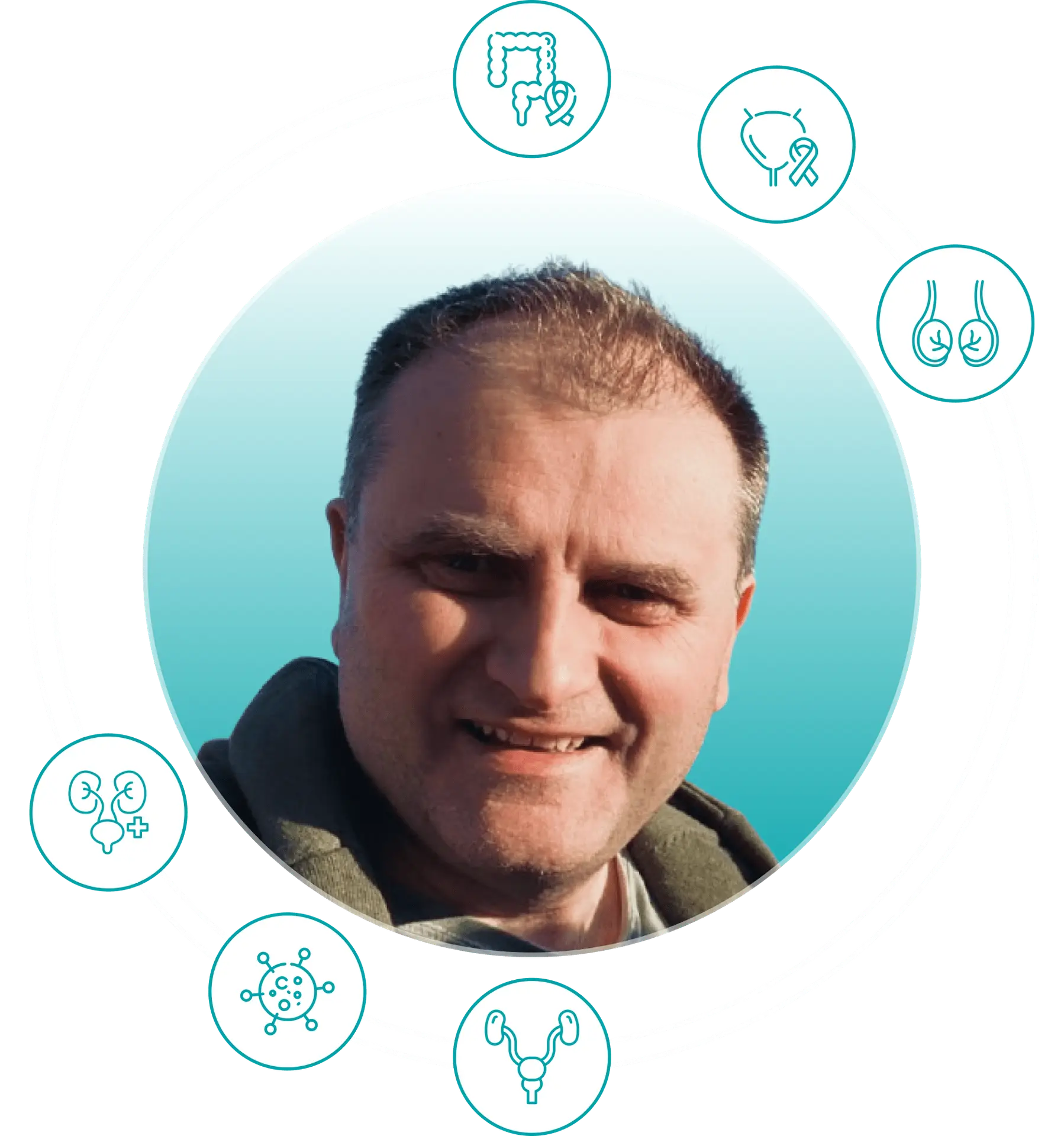 A smiling man is centered in a circular frame with five medical icons, including kidneys, intestines, urinary bladder, molecules, and reproductive organs—reflecting Dr Christos Mikropoulos, a testicular cancer specialist—on a blue gradient background.